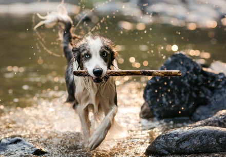A dog splashes through water holding a stick, surrounded by golden bokeh light, captured in a vibrant HD PC desktop wallpaper background.