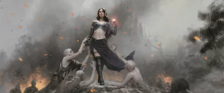 Liliana Vess, Defiant Necromancer planeswalker stands on a mound, casting necromantic magic as pale undead reach up, ruined castle looms behind — Magic: The Gathering 2K Quad HD wallpaper.