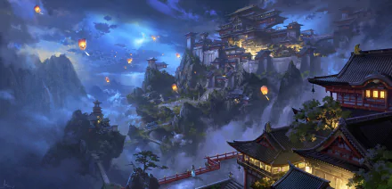 HD desktop wallpaper of a stunning anime landscape at night featuring a temple complex with glowing lanterns amidst misty, mountainous terrain.