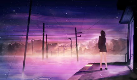 Anime-style 4K Ultra HD desktop wallpaper featuring a girl standing near power lines at a vibrant purple and pink sunset.