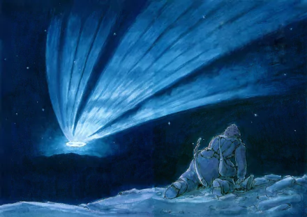 HD PC desktop wallpaper: an armored figure sits on a snowy cliff watching a brilliant blue comet with a long luminous tail streaking across a starry night sky.