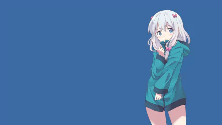 Anime HD wallpaper featuring Sagiri Izumi from EroManga-Sensei with white hair, blue eyes, and a blush, set against a solid blue background.