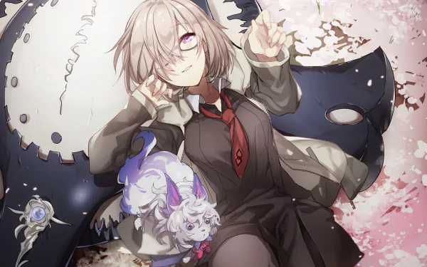 A HD desktop wallpaper featuring Shielder and Fou from Fate/Grand Order in an anime art style, with Shielder lying down and Fou by her side amidst a cherry blossom background.