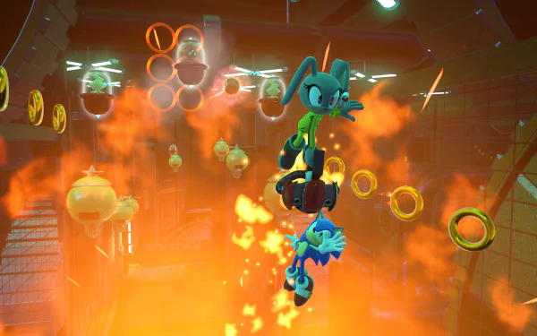 4K Ultra HD PC desktop wallpaper featuring a custom Avatar and Sonic from Sonic the Hedgehog in an action-packed scene from Sonic Forces with glowing rings and fiery background.