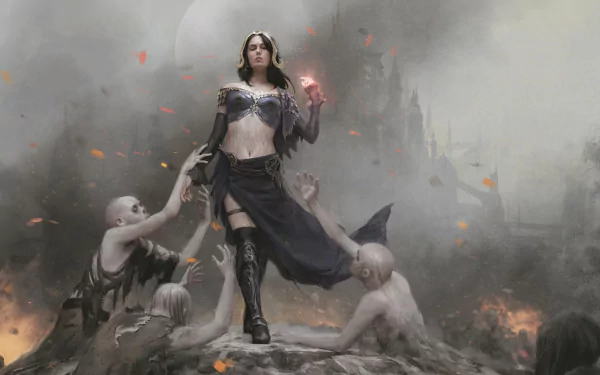 Liliana Vess, Defiant Necromancer planeswalker stands on a mound, casting necromantic magic as pale undead reach up, ruined castle looms behind — Magic: The Gathering 2K Quad HD wallpaper.