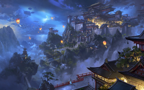 Anime Temple Night Building Lantern Landscape HD Wallpaper | Background Image