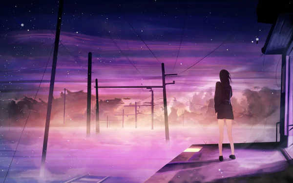 Anime-style 4K Ultra HD desktop wallpaper featuring a girl standing near power lines at a vibrant purple and pink sunset.