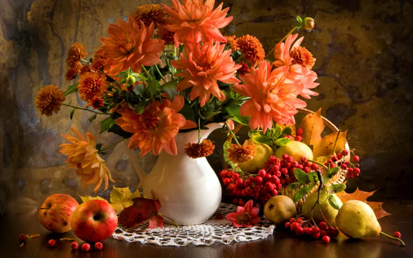 Still life 4K Ultra HD wallpaper featuring peach flowers in a white vase surrounded by autumn leaves, berries, and fruit on a dark wooden surface.