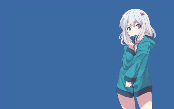 Anime HD wallpaper featuring Sagiri Izumi from EroManga-Sensei with white hair, blue eyes, and a blush, set against a solid blue background.
