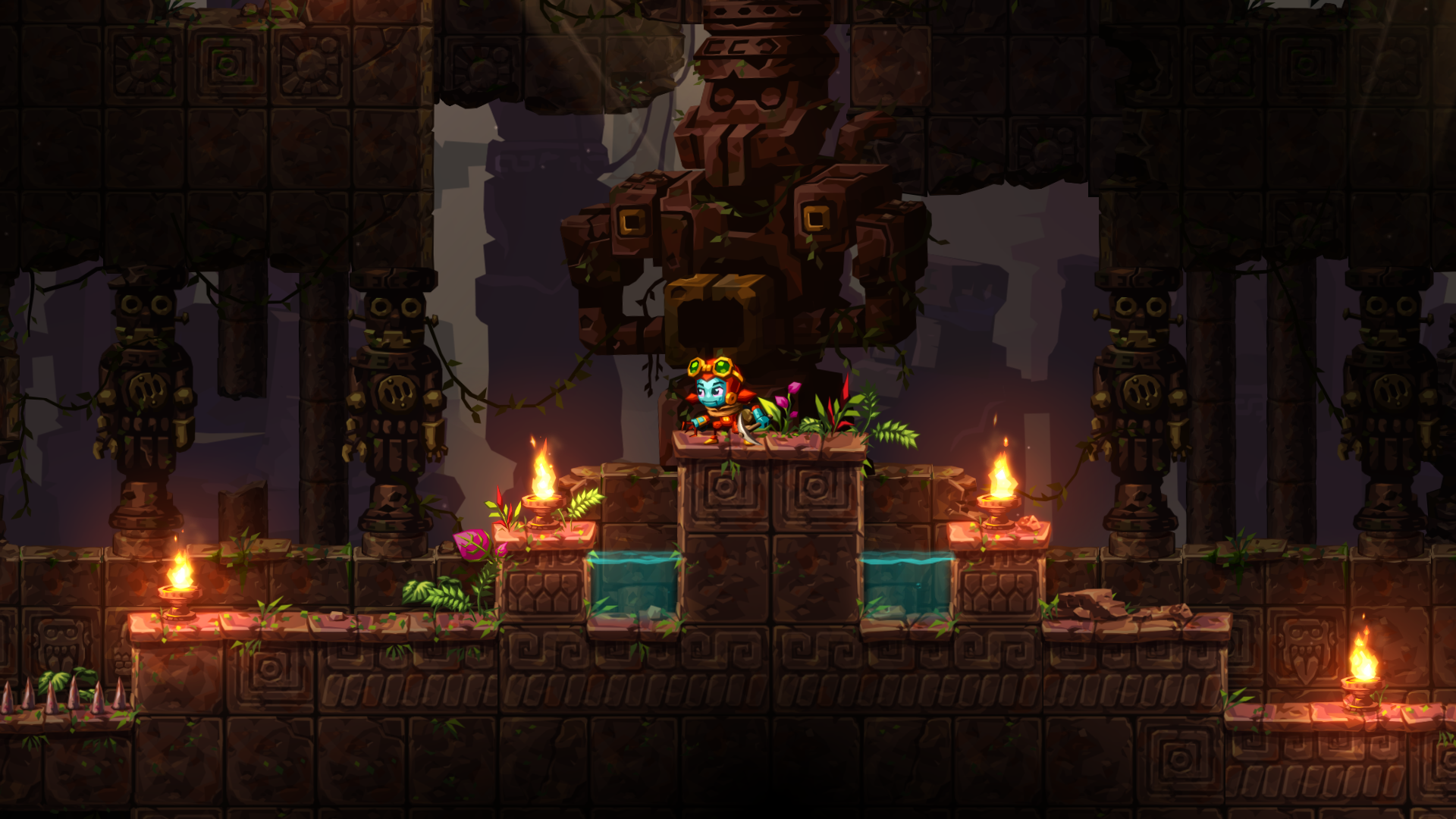 HD desktop wallpaper of SteamWorld Dig 2 featuring a robotic character exploring an underground temple with torches and ancient statues.