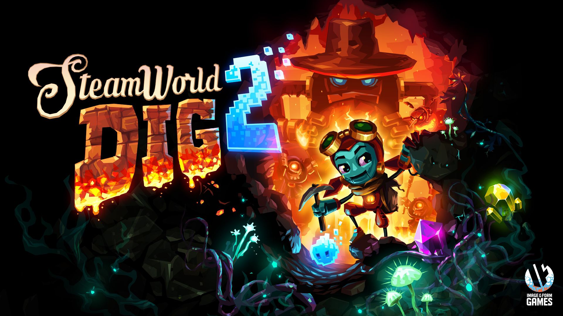 HD desktop wallpaper featuring the game SteamWorld Dig 2 with the robotic protagonist against a fiery underground backdrop.