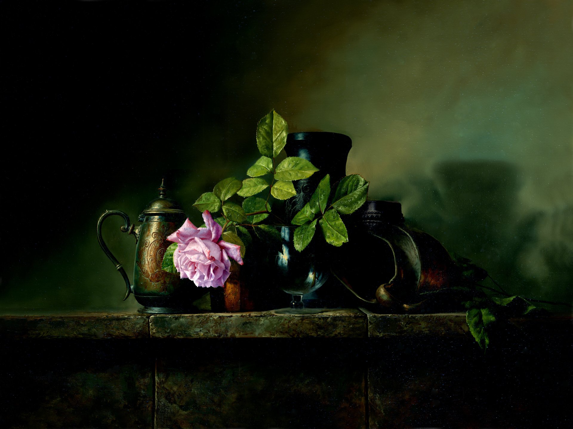 Download Leaf Stein Rose Mantle Flower Still Life Artistic Painting 4k Ultra HD Wallpaper