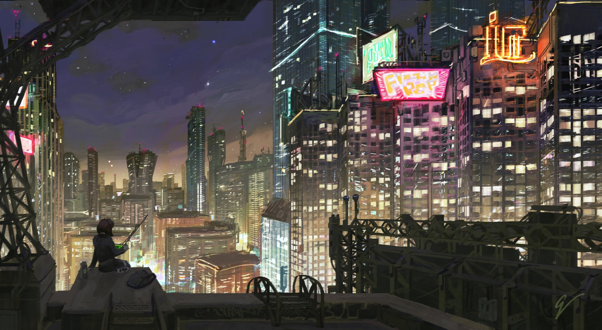 A futuristic cityscape at night, featuring neon-lit skyscrapers and a sci-fi aesthetic. This HD desktop wallpaper captures the vibrant and dynamic essence of a futuristic urban environment.