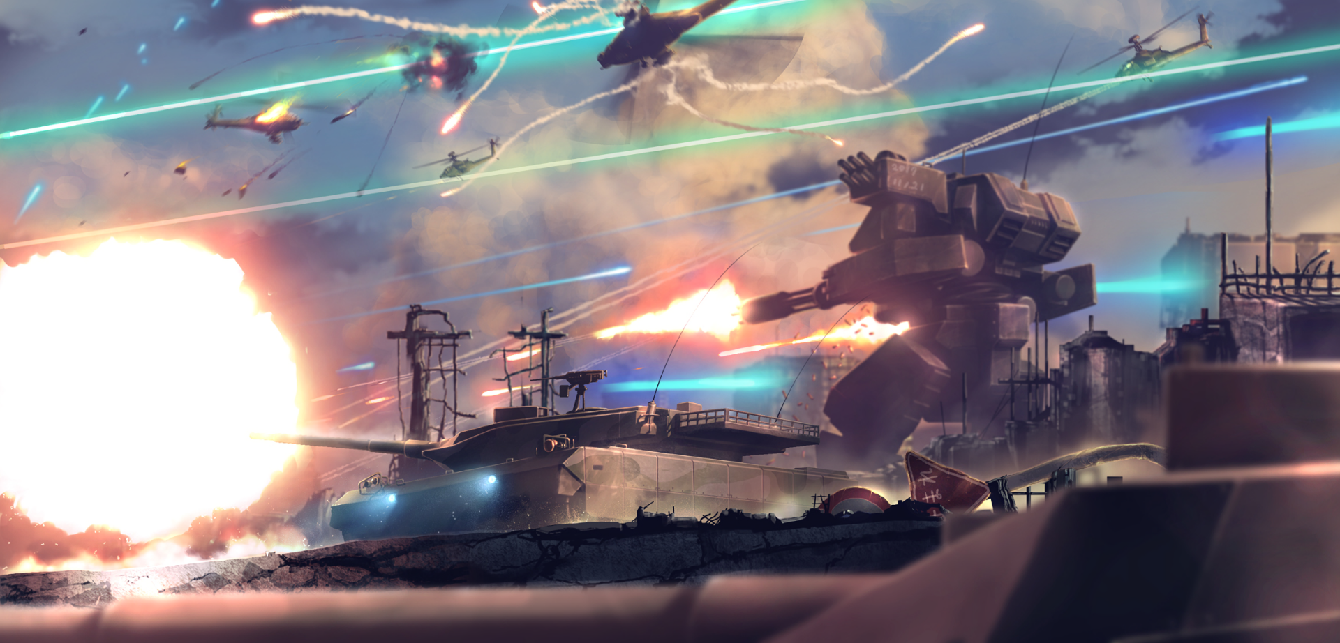 Anime-style HD desktop wallpaper depicting a warzone with a towering robot and warships exchanging laser fire amid explosions.
