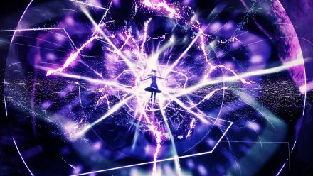 A vibrant purple fantasy anime scene with radiant energy beams converging on a silhouetted figure, designed as an HD PC desktop wallpaper background.