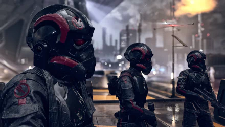 HD desktop wallpaper of stormtroopers from Star Wars Battlefront II (2017), showcasing detailed armor and an intense, futuristic cityscape background.