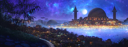 A fantasy cityscape at night under a glowing moon, featuring domed buildings and vibrant lights, captured in HD quality as a PC desktop wallpaper.