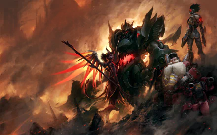 HD desktop wallpaper featuring Mercy, Reinhardt, Torbjörn, and Tracer from Overwatch, set in a dramatic, smoky battlefield background.