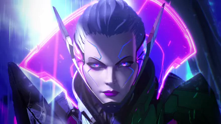 HD desktop wallpaper featuring Vayne from the video game League of Legends. The image highlights Vayne's striking, cyberpunk design with vivid neon lighting and a determined expression.