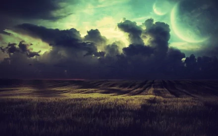 HD desktop wallpaper showing a fantasy landscape with a vast field under a dramatic sky filled with dark clouds and otherworldly moons on the horizon.