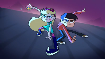 HD PC desktop wallpaper featuring Marco Diaz and Star Butterfly from the TV show Star vs. the Forces of Evil, posed dynamically against a vibrant purple background.