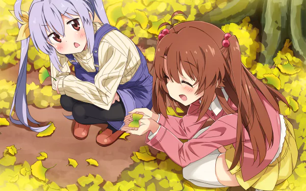 Two anime characters, Renge Miyauchi with twintails and Komari Koshigaya with long hair, are interacting amidst yellow leaves. They are dressed in sweaters and skirts, with a cheerful vibe.