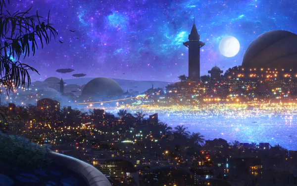 A fantasy cityscape at night under a glowing moon, featuring domed buildings and vibrant lights, captured in HD quality as a PC desktop wallpaper.