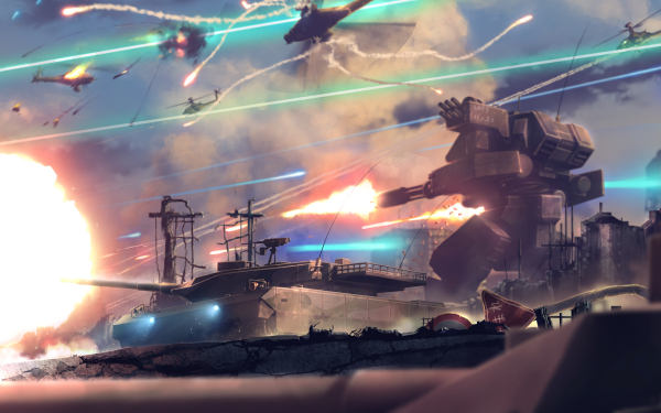 Anime Original Warzone Robot Warship Explosion HD Wallpaper | Background Image