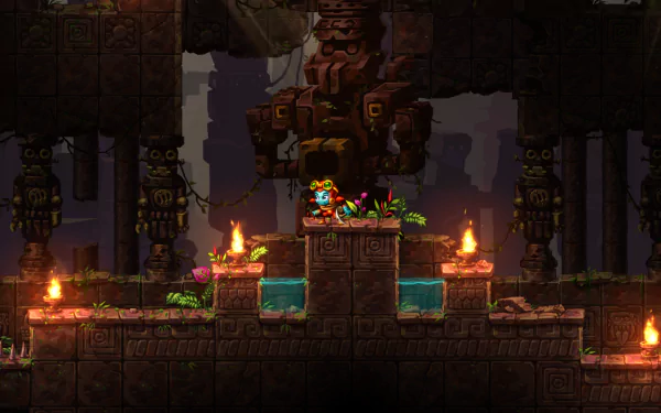 HD desktop wallpaper of SteamWorld Dig 2 featuring a robotic character exploring an underground temple with torches and ancient statues.