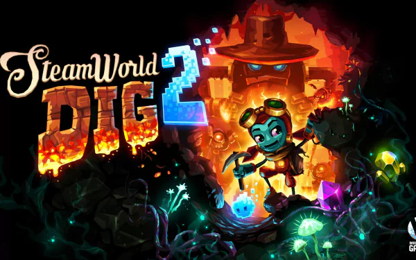 HD desktop wallpaper featuring the game SteamWorld Dig 2 with the robotic protagonist against a fiery underground backdrop.
