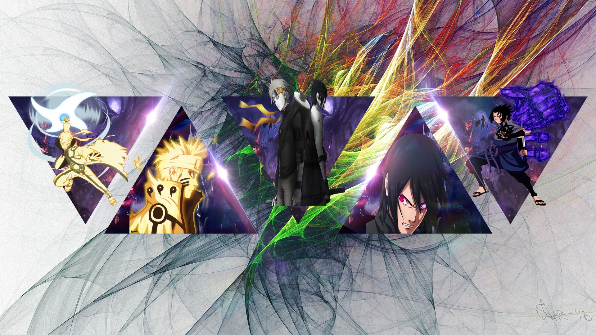 HD PC desktop wallpaper featuring Naruto Uzumaki and Sasuke Uchiha from the anime Naruto, showcasing dynamic poses and vibrant, colorful abstract backgrounds.