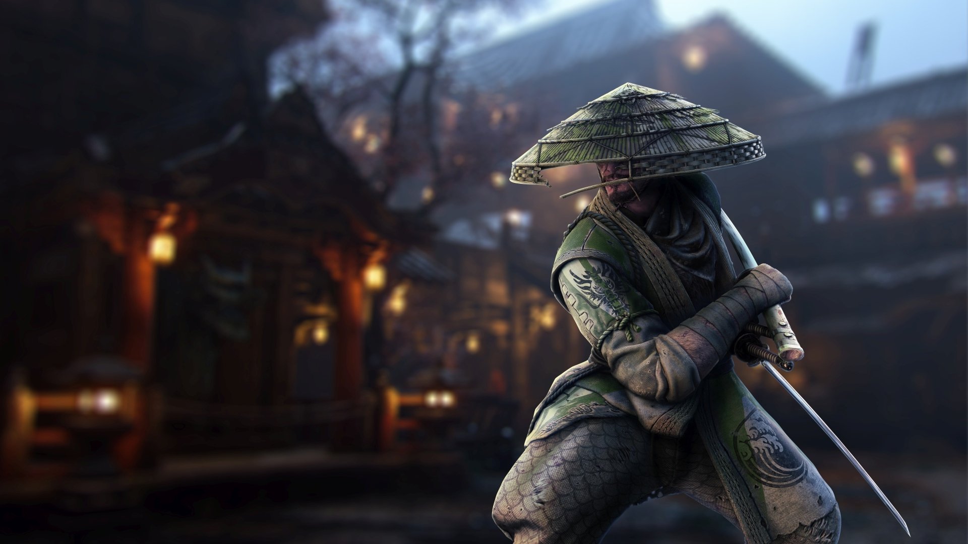 4K Ultra HD PC wallpaper featuring a samurai warrior from the video game For Honor, poised with a sword in a dimly lit, traditional Japanese village setting.