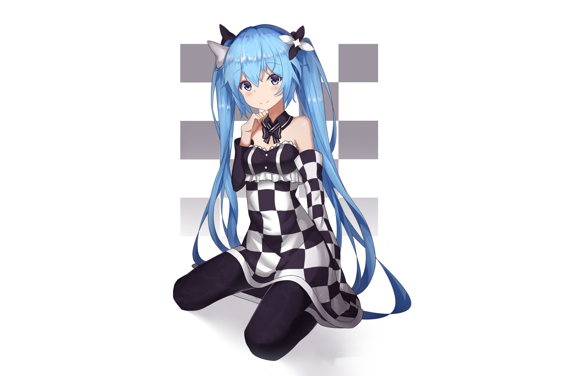 Anime character Hatsune Miku with blue hair and blue eyes, dressed in a black and white checkered outfit, kneeling in front of a checkered background. HD desktop wallpaper.