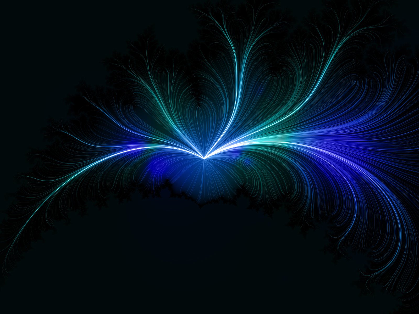 Artistic HD PC desktop wallpaper featuring luminous blue and green fractal patterns radiating from a central point against a dark background.