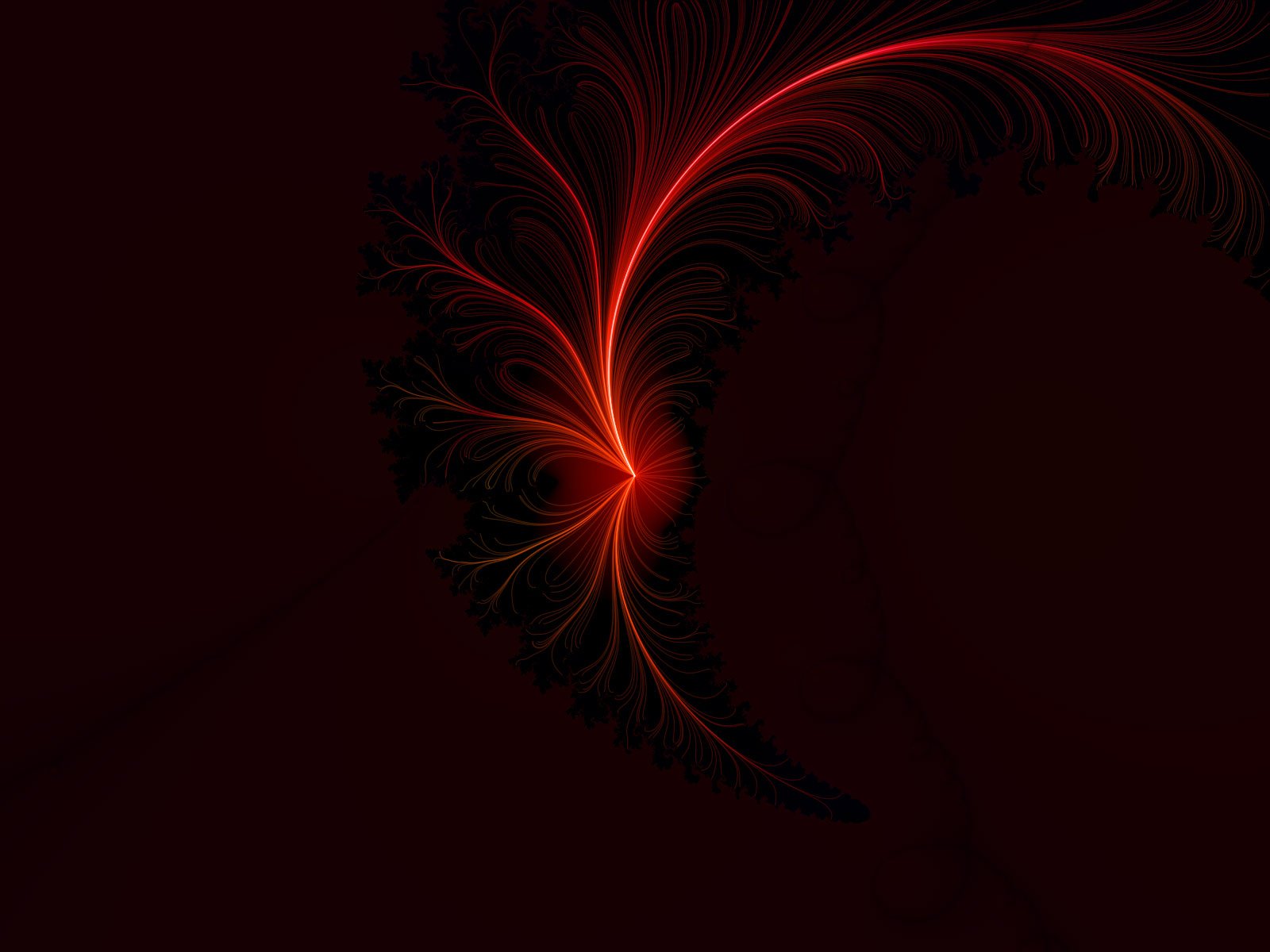Artistic red fractal feather with a glowing core on a deep maroon field — HD PC desktop wallpaper background.