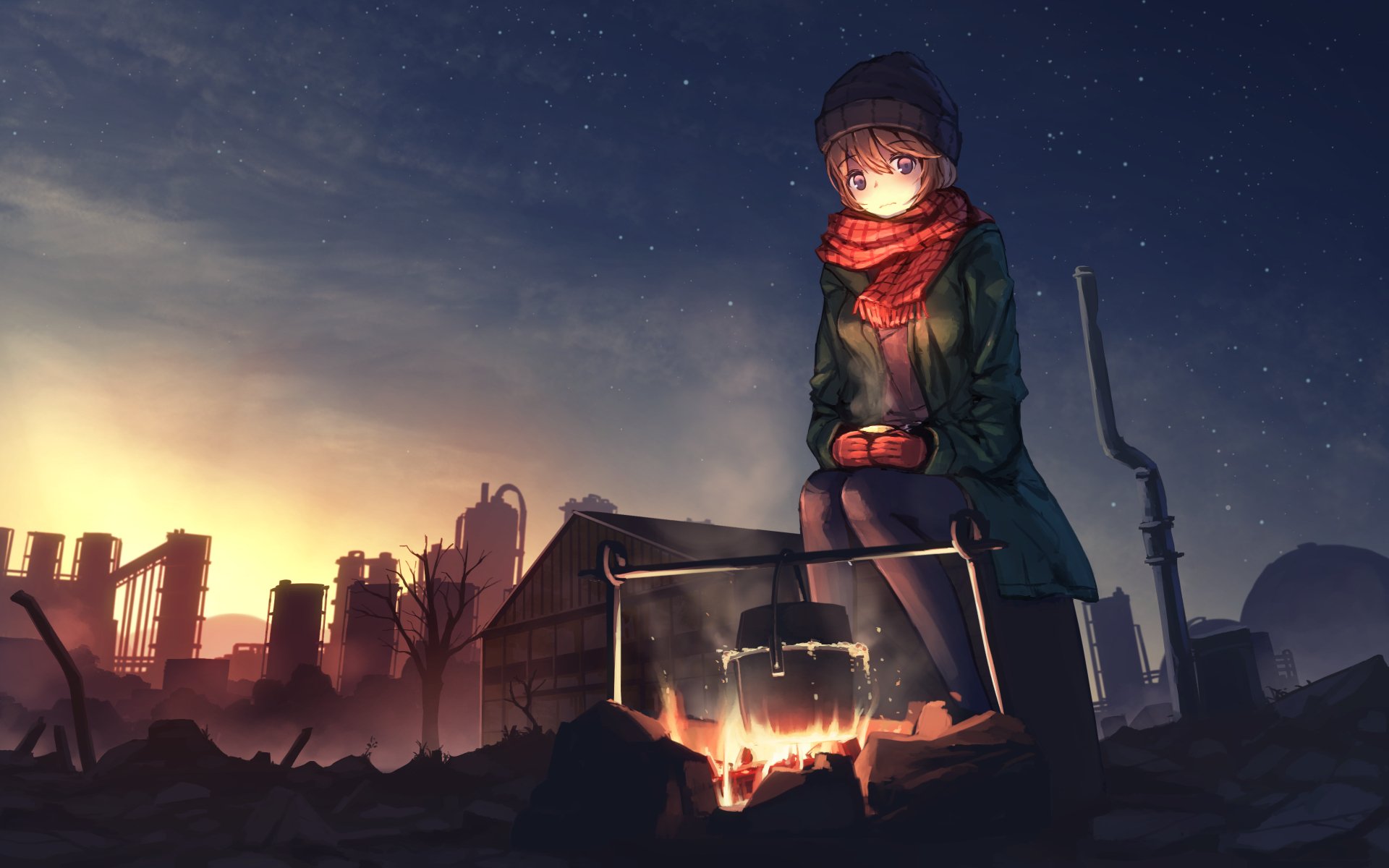 HD desktop wallpaper featuring an original anime illustration of a character sitting by a campfire with a serene, twilight background of buildings and a starry sky.