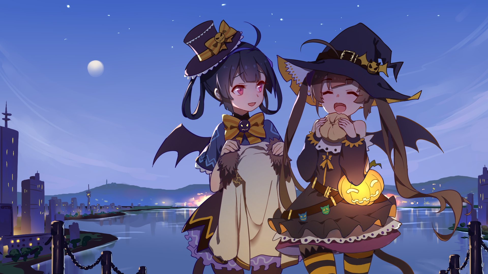 HD desktop wallpaper featuring Ping Hai and Ning Hai from Azur Lane, dressed in Halloween outfits with a scenic night background and a moonlit lake.