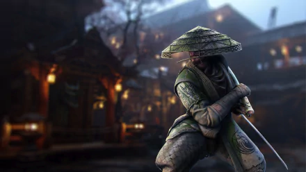 4K Ultra HD PC wallpaper featuring a samurai warrior from the video game For Honor, poised with a sword in a dimly lit, traditional Japanese village setting.