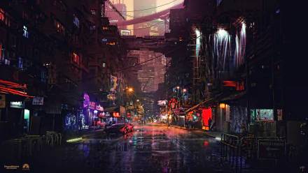 HD desktop wallpaper of a cyberpunk cityscape, depicting a sci-fi city with neon lights, futuristic buildings, and a rainy, moody atmosphere.