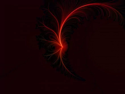 Artistic red fractal feather with a glowing core on a deep maroon field — HD PC desktop wallpaper background.