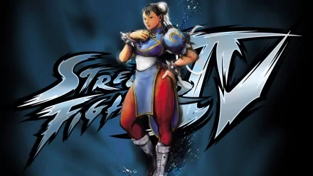 HD PC desktop wallpaper of video game character Chun-Li from Street Fighter IV, striking a fighting pose against the game's logo on a blue smoky background.