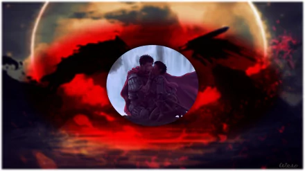 HD PC desktop wallpaper featuring a dramatic red and black background with characters from the anime Berserk displayed in a circular frame at the center.