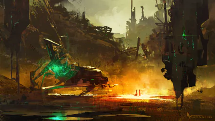 A detailed 4K Ultra HD sci-fi spaceship scene showcasing a futuristic, industrial landscape with glowing green accents and intense atmospheric lighting.