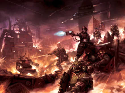 HD PC desktop wallpaper depicting an intense Warhammer 40k battle scene with armored soldiers and fiery battlefield elements in a dynamic video game setting.