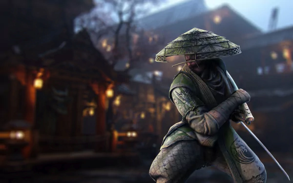 4K Ultra HD PC wallpaper featuring a samurai warrior from the video game For Honor, poised with a sword in a dimly lit, traditional Japanese village setting.