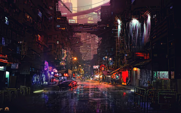 HD desktop wallpaper of a cyberpunk cityscape, depicting a sci-fi city with neon lights, futuristic buildings, and a rainy, moody atmosphere.