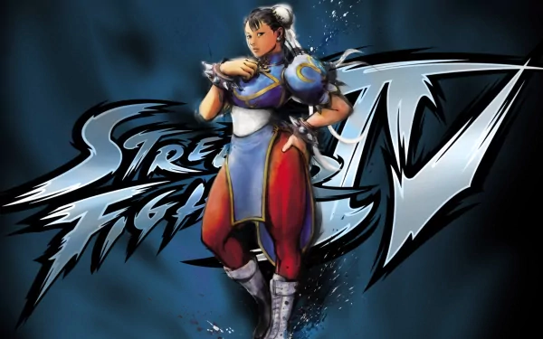 HD PC desktop wallpaper of video game character Chun-Li from Street Fighter IV, striking a fighting pose against the game's logo on a blue smoky background.
