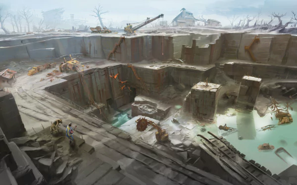 Post-apocalyptic Fallout 4 landscape featuring a desolate quarry with scattered debris and skeletal remains, rendered in 4K Ultra HD for PC desktop background.