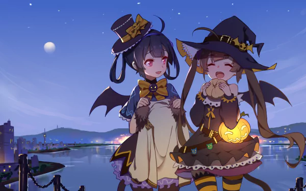 HD desktop wallpaper featuring Ping Hai and Ning Hai from Azur Lane, dressed in Halloween outfits with a scenic night background and a moonlit lake.