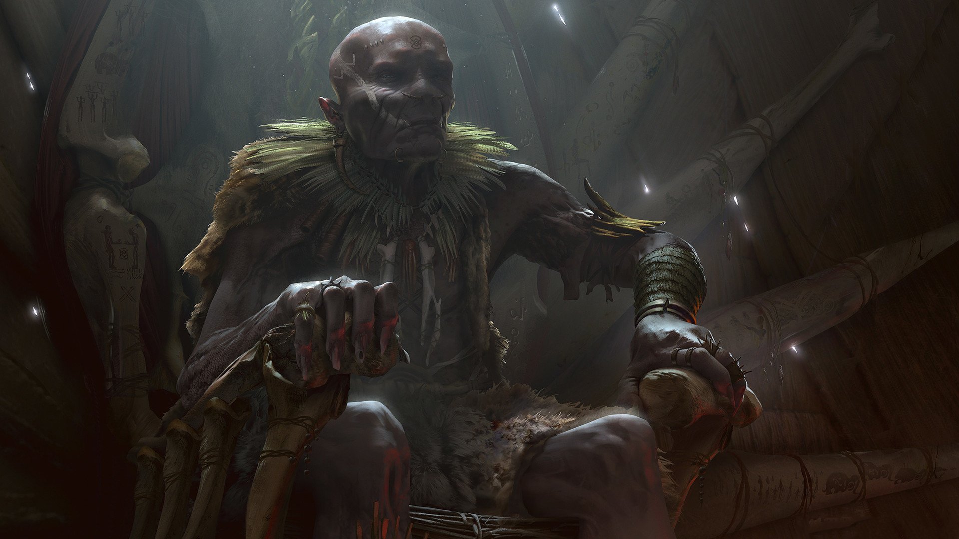 HD PC desktop wallpaper: fantasy scene of a grim, gaunt male warlord seated in a dim cavern, wearing a feathered mantle and clawed gauntlet as embers glow and cast harsh shadows.